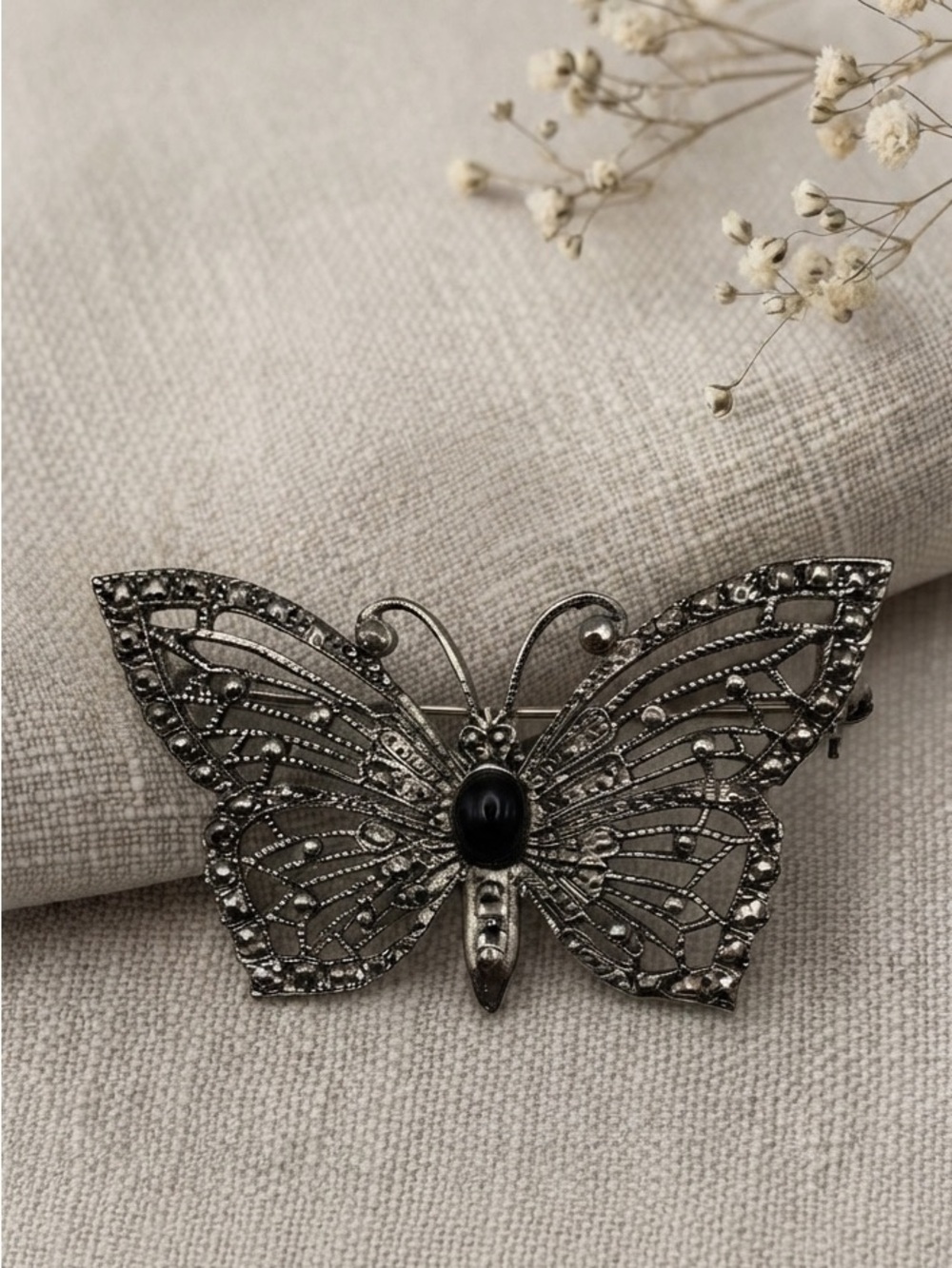 Vintage Silvertone Marcasite-Style Openwork Butterfly Brooch